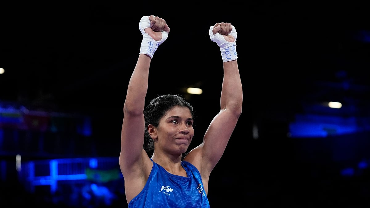 (AP Photo/John Locher) : India's Zareen Nikhat, reacts after defeating Germany's Maxi Kloetzer, during women's 50kg at the 2024 Summer Olympics, Sunday, July 28, 2024, in Paris, France. 